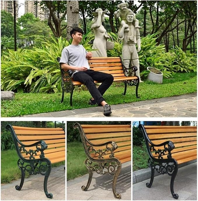 Outdoor Solid Wood Garden Park Bench for 2-3 People, Weatherproof Patio Lawn Bench Porch Seat with Cast Iron Frame, Porch/Deck/Patio Furniture Bench with Backrest and Armrests(Teak+Black Chair Legs,12