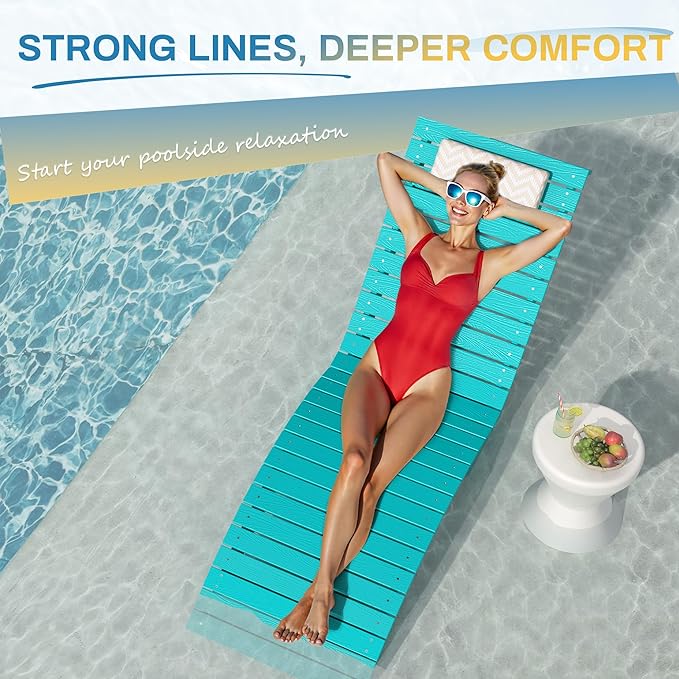 Pool Lounge Chairs Outdoor Set of 4，HDPS Long Pool Chairs for in Pools, Weighted All Weather Tanning Chair with Headrest，Chaise Lounge for Outside Beach Patio Sun Bathing Hotel, Aruba Blue
