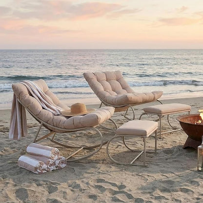 Outdoor Rocking Chairs Set of 2, Modern Papasan Rocking Chairs with Cushions, Upholstered Patio Rocking Chairs with Foot Rest, Cozy Metal Outdoor Lounge Rockers Recliner for Indoor, Khaki