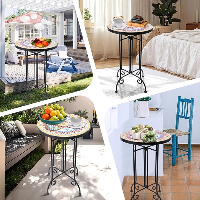 VCUTEKA Mosaic Outdoor Side Table, Round Rustproof Patio Tables with 14" Ceramic Tile Top, Indoor Porch Accent Table for Yard, Garden, Living Room, Bistro Balcony, Orange