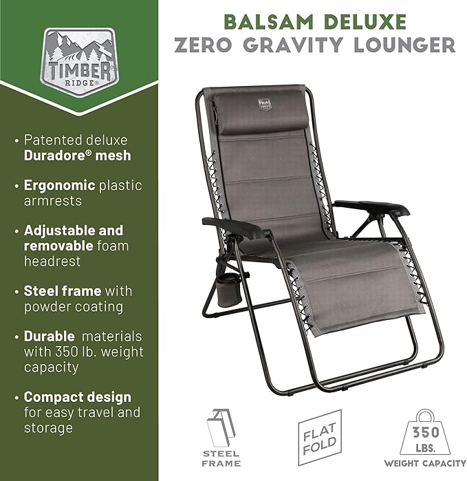 TIMBER RIDGE Aluminum Zero Gravity Chairs, Folding Recliner Chair Padded with Cup Holder and Headrest, Adjustable Lounge Reclining Chair for Outdoor Camping Lawn Patio Indoor, Supports 350lbs, Brown