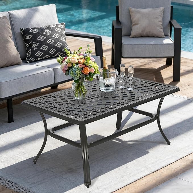 MEETWARM Outdoor Coffee Table, All-Weather Cast Aluminum 42" Rectangle Patio Coffee Table, 220 LBS Heavy Duty Patio Side Table for Balcony Poolside Deck Garden & Indoor Use, Dark Bronze