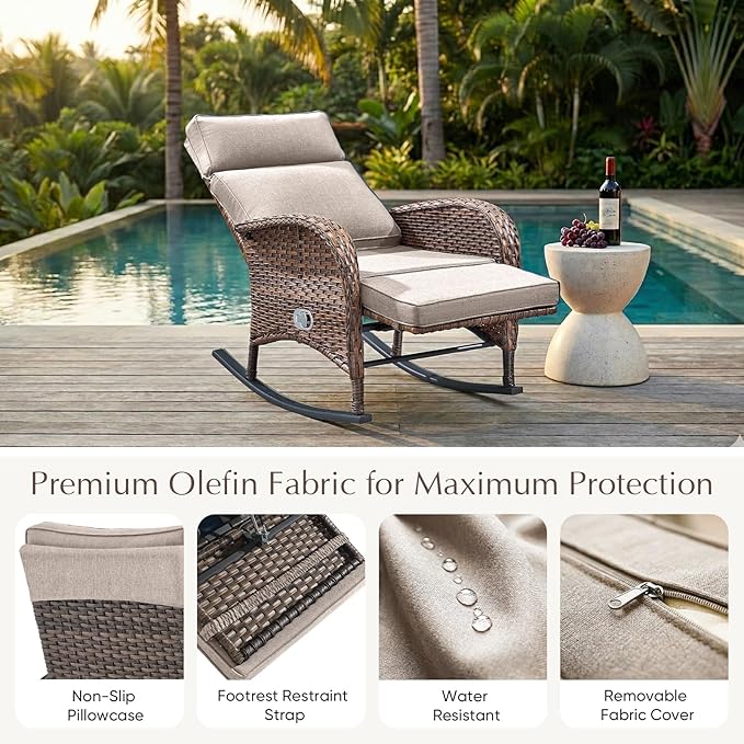 Belord 3 Piece Wicker Patio Furniture Set - Outdoor Swivel Rocker Recliner Chair with Adjustable Backrest & Footrest, All Weather Reclining Lounge Chair with Thick Cushion for Pool Deck Garden Beige