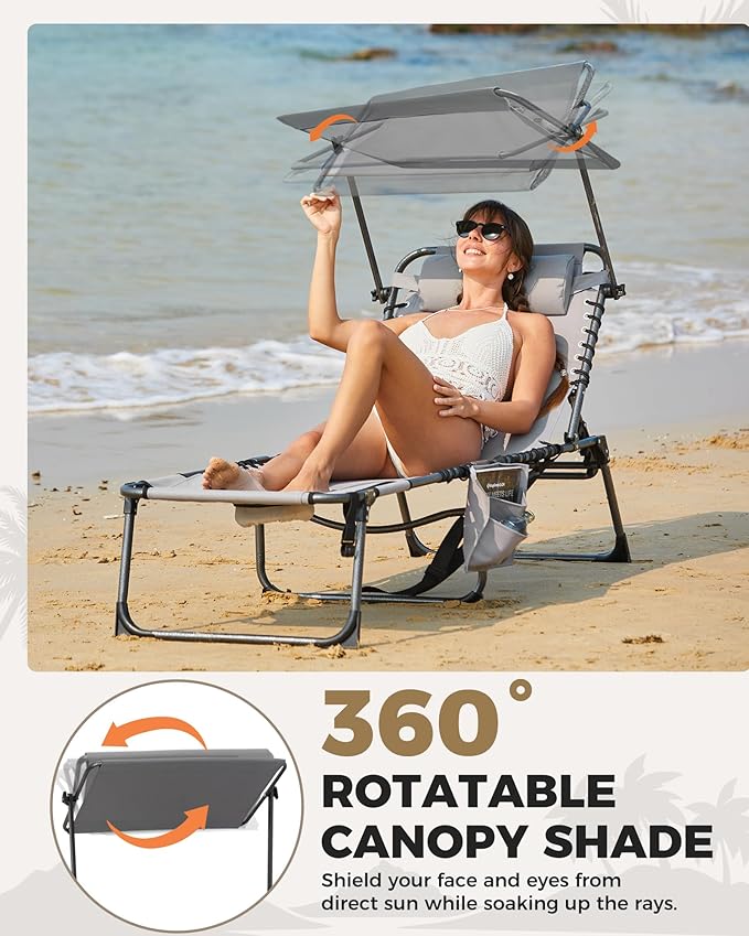 KingCamp 2 Pack Tanning Chair with Face Hole, Lounge Chairs Outdoor Folding Portable Comfy Adjustable 5-Position Foldable Chaise Chaser with Canopy Shade for Outside Beach, Grey