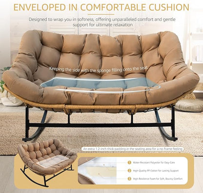 NICESOUL Patio Papasan Rocking Chair for 2, Indoor Outdoor Double Egg Recliner Rocker w/Padded Cushion, Large Wide Oversized Rattan Lounge Glider for Living Room Balcony Inside Outside, Brown