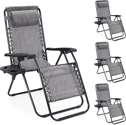 NEWBULIG Zero Gravity Chair Set of 4, Lounge Chair Folding Portable Adjustable Camping Reclining Chairs with Adjustable Pollow, Mesh Back, Cup Holder Trays Lawn Patio Chair for Pool Beach - Ash