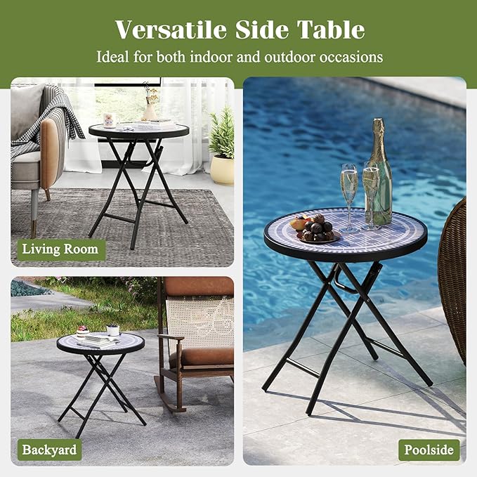 Giantex Folding Outdoor Side Table with Tempered Glass Tabletop & Metal Frame, Portable 18” Round End Table for Patio, Sofa Side, Yard, Porch, Poolside Living Room, Grey