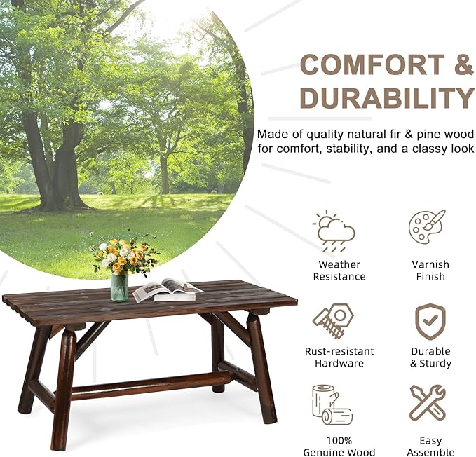 Outdoor Coffee Table, Thick Wooden Patio Adirondack Log Coffee Table with Slatted Tabletop, Wood Rustic Rectangle Center Table for Deck, Garden, Balcony, Indoor or Outdoor Use, Carbonized
