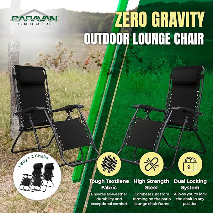 Caravan Sports Zero Gravity Outdoor Portable Folding Camping Lawn Deck Patio Lounge Chair with Adjustable Headrest, Black (Pair)
