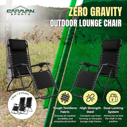 Caravan Sports Zero Gravity Outdoor Portable Folding Camping Lawn Deck Patio Lounge Chair with Adjustable Headrest, Black (Pair)