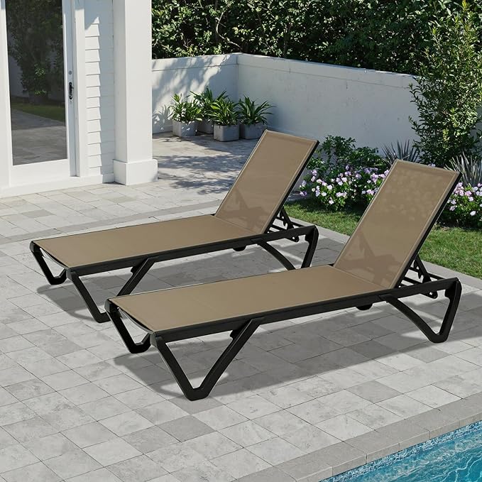 Domi Patio Lounge Chairs Set of 2, Aluminum Pool Chaise Lounge with 5 Position Adjustable Backrest and Wheels, Outdoor Lounge Chairs for Pool, Garden, Beach, Backyard, Khaki