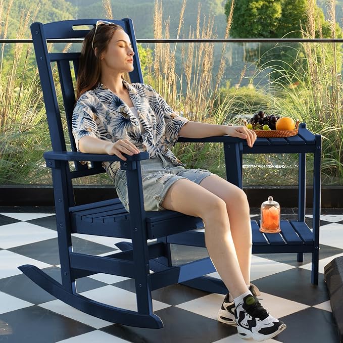 Plawdlik Oversized Rocking Chair,HDPE All-Weather Outdoor Rocking Chair,Patio Rocking Chairs for Porch.Navy Blue