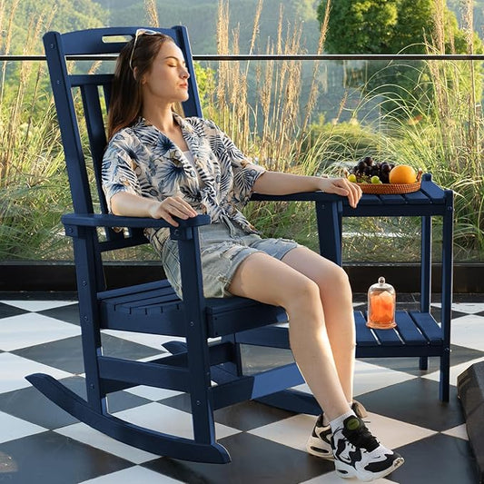 Plawdlik Oversized Rocking Chair,HDPE All-Weather Outdoor Rocking Chair,Patio Rocking Chairs for Porch.Navy Blue