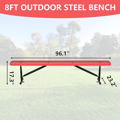 8 Feet Outdoor Steel Bench, Red Heavy Duty Metal Park Bench for Outside, Weatherproof Dock Bench, 96" L Commercial Benches Mesh Bench for Shopping Mall, Store, Lawn, Park, Patio, Deck, Garden