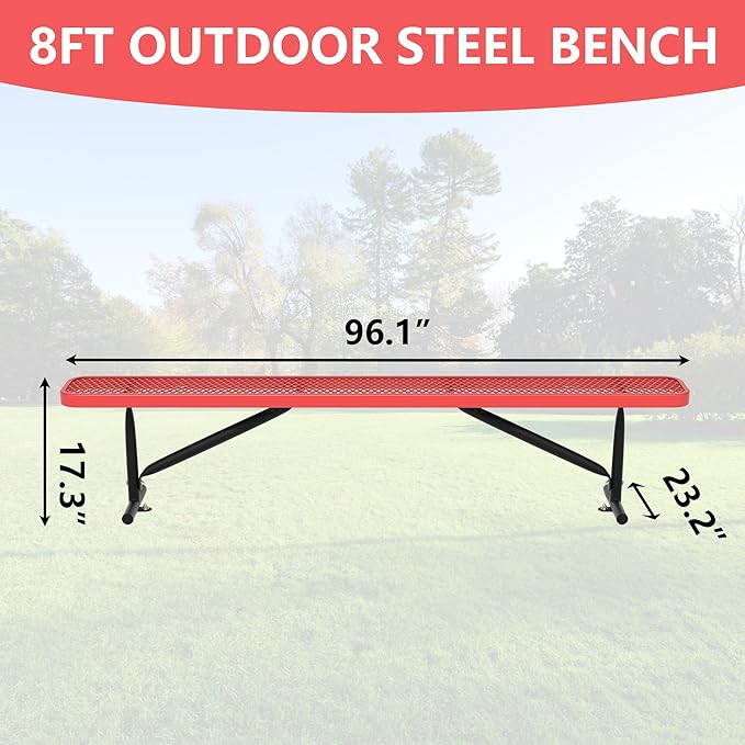Park Benches for Outside, 8 ft Metal Porch Bench Furniture Patio Seating, Commercial Expanded Metal Mesh Bench for Outdoor, Lawn, Backyard, Park, Deck, Garden, Patio, School (Red, 8FT)