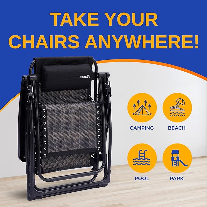 SereneLife Outdoor Adjustable Foldable Zero Gravity Lawn Chair – Weather-Resistant Rattan Recliner with Lockable Position, Detachable Side Table & Cup Holder, 265 lbs Capacity, Patio & Camping