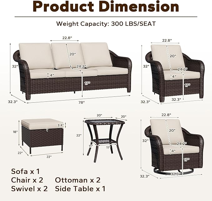 8 Piece Patio Wicker Conversation Set, All-Weather Use Outdoor Wicker Sofa with 2 PE Rattan Ottomans, 2 Chair - Photo 2