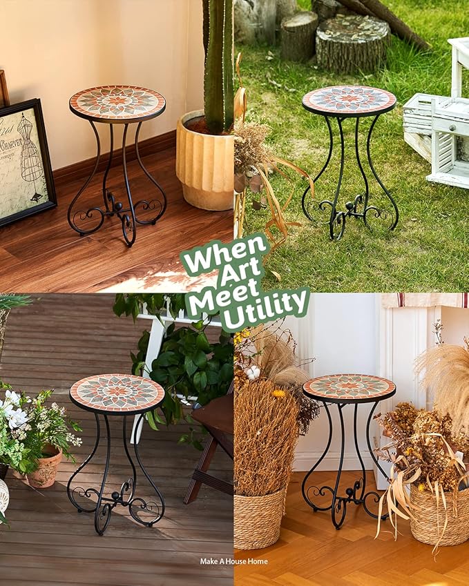 VONLUCE Outdoor Side Table and Mosaic Plant Stand, 21" Round End Table with 14" Ceramic Tile Top for Patio Porch Decor, Indoor and Outdoor Accent Table, Small Coffee Table for Home Garden, Quilt Star
