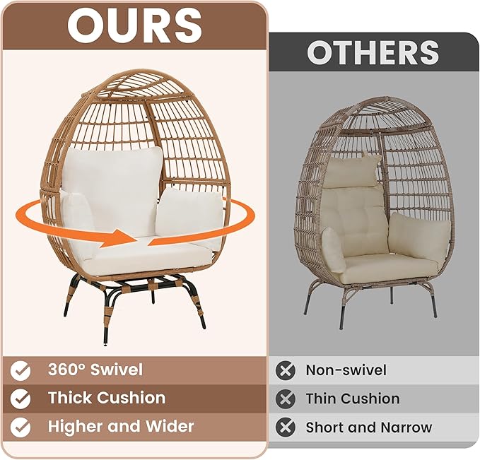 Oversized 360° Swivel Rattan Egg Chair for Adult, Indoor Outdoor Patio Large Wicker Egg Chair with Overstuffed Cushions, 440lb Weight Capacity, Natural Rattan with Beige Cushion