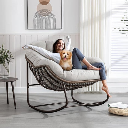Large Indoor Outdoor Rocking Chair, Oversized Rocking Papasan Chair with Thick Cushion and Frame Outdoor Rocker, Comfy Wicker Egg Chairs Lounge for Outside Porch Patio Backyard (Beige, Set of 2)