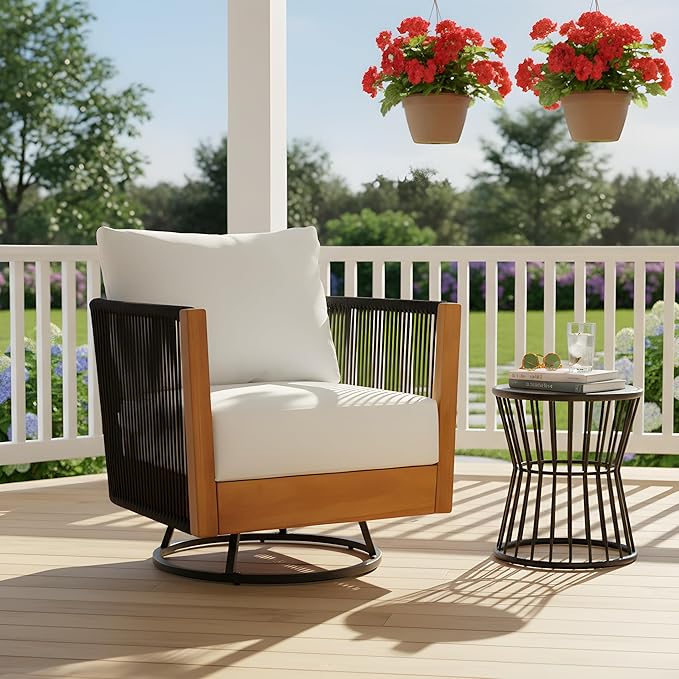 Christopher Knight Home Gunar Outdoor Metal & Acacia Wood Frame Swivel Accent Chair with Cushion - Photo 5