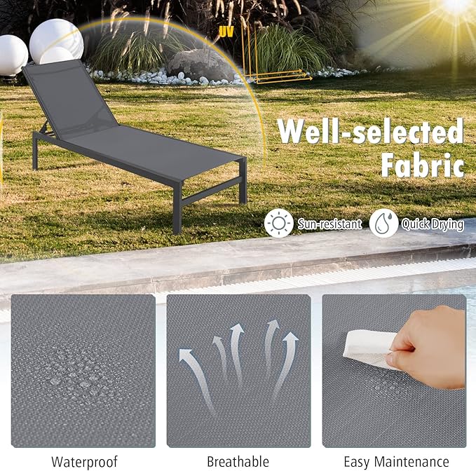 Giantex Patio Chaise Lounge Chair, Outdoor Sunbathing Chair Lawn Reclining Lounger with 6 Adjustable Position, Aluminium Frame, Outside Tanning Chairs for Deck,Yard, Pool Lounge Chairs (2, Gray)