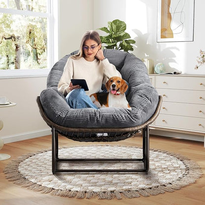 Large Indoor Rocking Chair Set of 2, Oversized Rocking Papasan Chair with Thick Cushion and Frame,Comfy Corduroy Rocker Wicker Egg Chairs Lounge Reading Chair for Living Room, Bedroom,Charcoal Grey