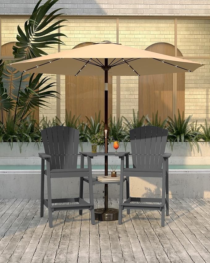 Tall Adirondack Chairs Set of 2 with Removable Tray, HDPE Bar Height Adirondack Bar Stools, High Back Patio Chairs for Balcony, Deck, Lawn, Backyard, All-Weather Outdoor Furniture, Gray