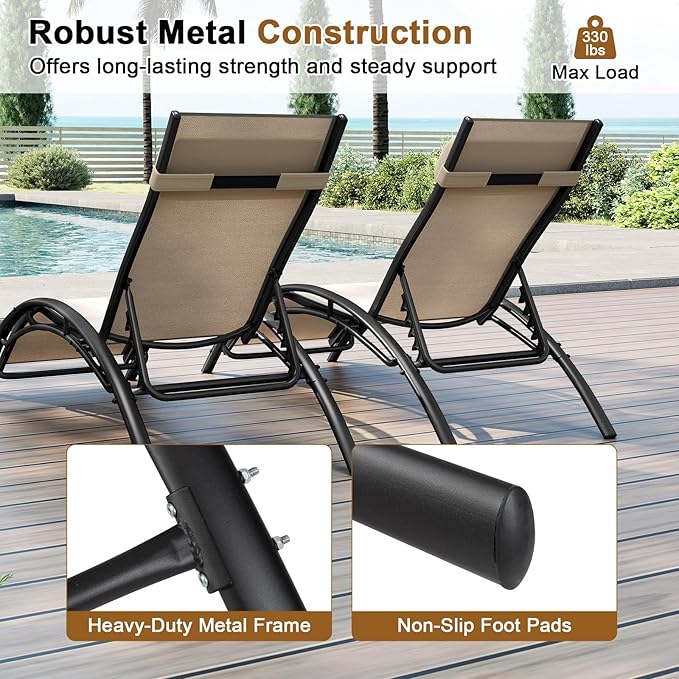 Tangkula Lounge Chairs Outdoor Set of 2, Heavy-Duty Patio Chaise Lounges with 5-Position Backrest & Breathable Seat Fabric, Outside Beach Pool Sunbathing Recliner for Backyard, Poolside (Beige)