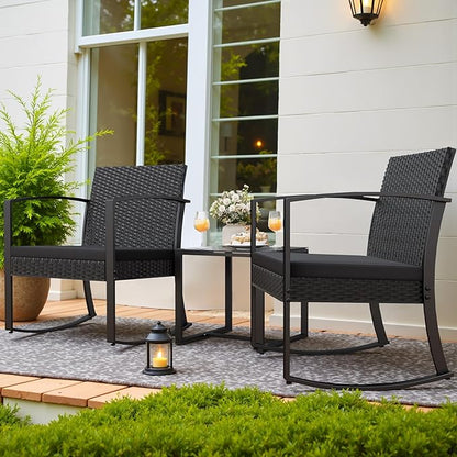 Homall Patio Furniture Set 3 Piece Resin Outdoor Bistro Set Rocking Patio Chairs with Cushions and Table for Porch, Poolside, Balcony and Yard (Black)