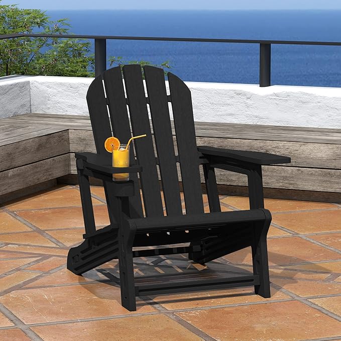 Costaelm Tool-Free Assembly Outdoor Patio HDPE Plastic Adirondack Chair with Cup Holder, Black