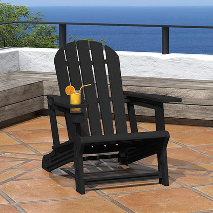 Costaelm Tool-Free Assembly Outdoor Patio HDPE Plastic Adirondack Chair with Cup Holder, Black