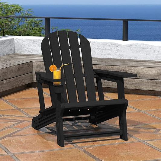 Costaelm Tool-Free Assembly Outdoor Patio HDPE Plastic Adirondack Chair with Cup Holder, Black