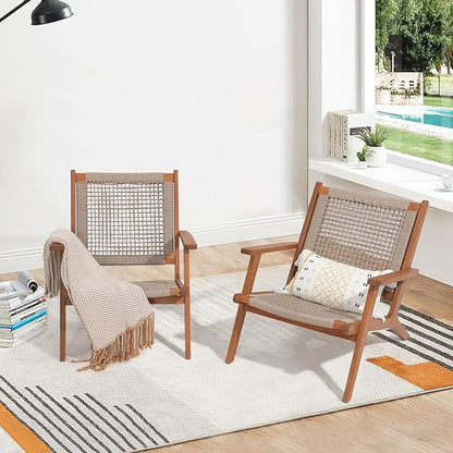 Verano Garden Set of 2 Patio Lounge Chair, Modern Acacia Wood Accent Armchair with Handwoven Rope for Patio,Living Room, Bedroom, Balcony (Beige)