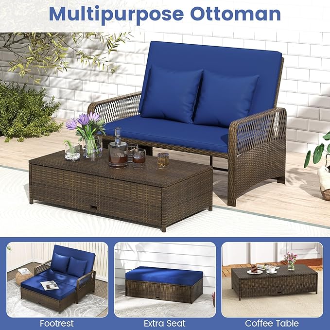 Moccha Outdoor Daybed, PE Rattan Double Chaise Lounge w/ 4-Level Adjustable Back, Storage Ottoman, Cushions & Pillows, Separated Seating, Wicker Sunbed for Garden Patio Furniture Set (Navy)