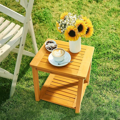 Outvita Patio Small Side Table, Acacia Wood 18 inch Double-Deck Coffee Table with Storage Tier for Living Room, Garden, Balcony, Porch, Deck (Teak Color)