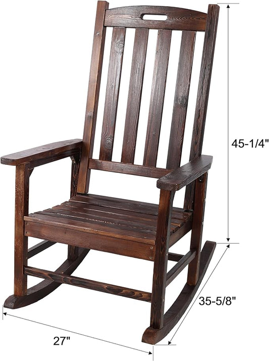 Patio Wooden Rocking Chair, High Back Wood Rocker Accent Chairs, Durable Porch Rocker Chair with Wide Seat, Patio Rockers for Outdoor & Indoor, Garden, Porch (Brown)