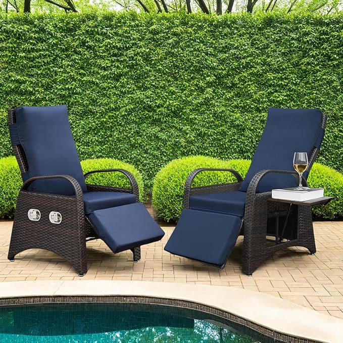 ATR ART TO REAL Outdoor Recliner Chairs, PE Wicker Reclining Lounge Chair with Removable Soft Cushion, Adjustable Outside Recliners for Patio, Porch, Poolside, Balcony, Lawn (Navy Blue, 2 PCS)