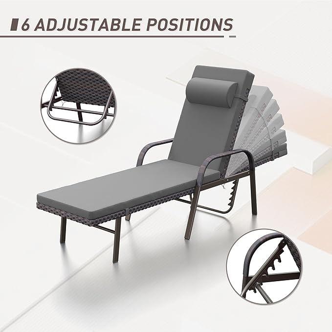 ALAULM 3 Pieces Outdoor Chaise Lounge Set Rattan Wicker Adjustable Pool Lounge Chair w/Folding Table,Patio Armrest Recliner for Beach, Poolside,Grey