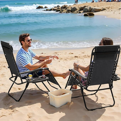 Greesum Zero Gravity Chairs Set of 2 Adjustable Steel Mesh Recliners Beach Deck Lawn Camping Patio Foldable Lounge Chair with Cup Holder Trays and Pillows,Dark Black