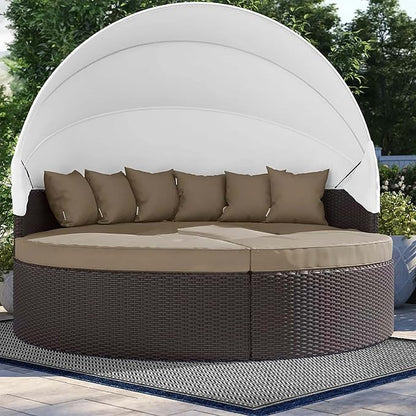 Modway Convene Wicker Rattan Outdoor Patio Retractable Canopy Round Poolside Sectional Sofa Daybed with Cushions in Espresso Mocha