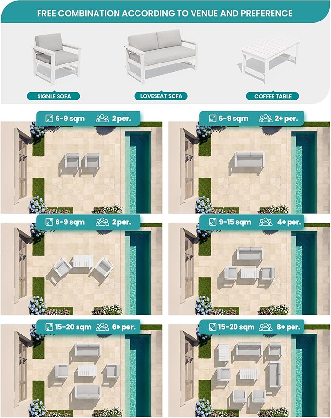 SERWALL HDPE Outdoor Loveseat with Cushions, All Weather Use Outdoor Loveseat Sofa, White Frame/Khaki Cushion - Photo 7