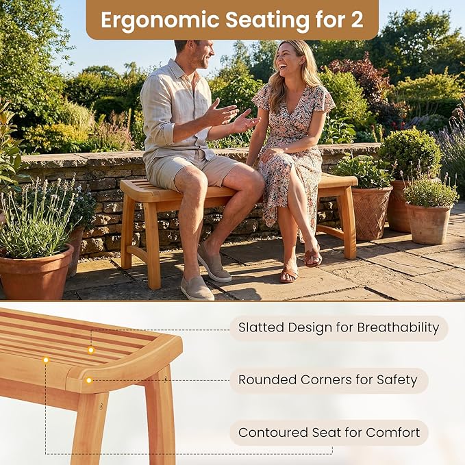 Tangkula Teak Wood Outdoor Bench, 2-Person Patio Backless Garden Dining Bench with Contoured Slatted Seat, 800 lbs Capacity, Outside Seating Furniture for Porch, Balcony, Deck & Yard (Natural)