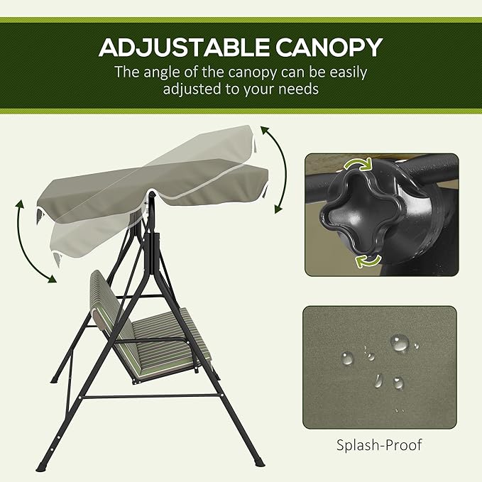 Outsunny 3-Seat Outdoor Patio Swing Chair with Removable Cushion, Steel Frame Stand and Adjustable Tilt Canopy for Patio - Photo 2
