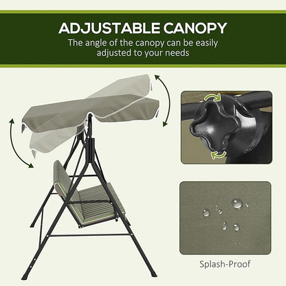 Outsunny 3-Seat Outdoor Patio Swing Chair with Removable Cushion, Steel Frame Stand and Adjustable Tilt Canopy for Patio, Garden, Poolside, Balcony, Backyard, Beige & Green