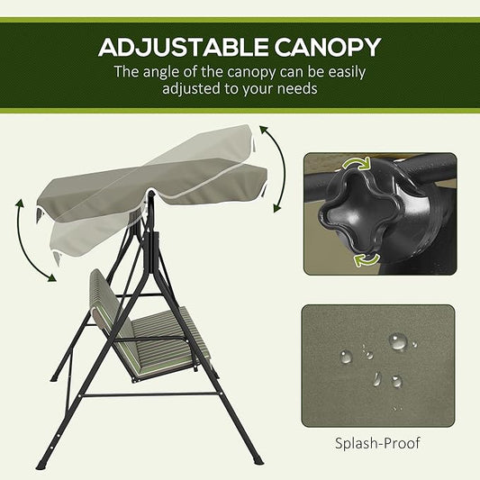 Outsunny 3-Seat Outdoor Patio Swing Chair with Removable Cushion, Steel Frame Stand and Adjustable Tilt Canopy for Patio, Garden, Poolside, Balcony, Backyard, Beige & Green