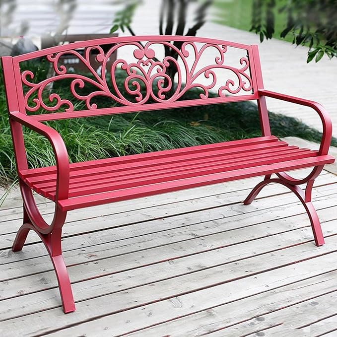 Stylish 50" Outdoor Metal Garden Bench, Weatherproof 2-Person Patio Seating with Floral Backrest & Arch Legs, Perfect for Lawn, Porch, Park, Backyard (Red)