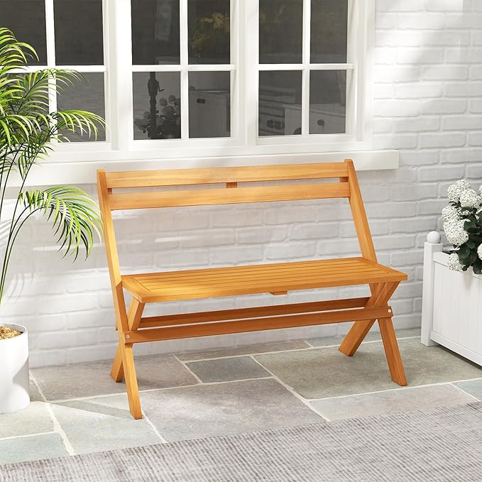 Tangkula Foldable Acacia Wood Outdoor Bench, 2-Person Patio Garden Bench with 800 lbs Capacity, Outside Loveseat Seating for Porch, Balcony, Yard & Park