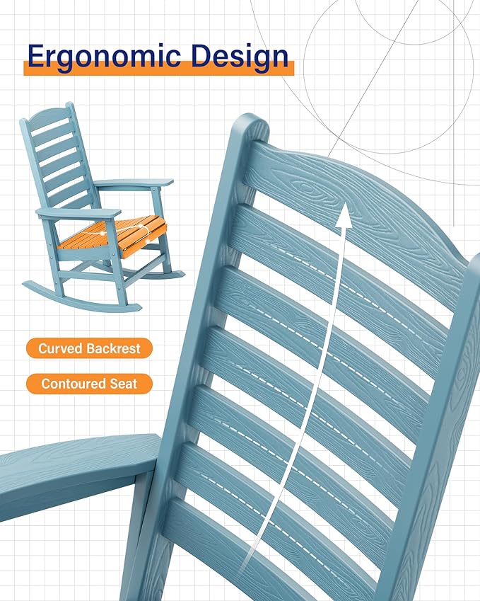 YEFU Outdoor Rocking Chair Set of 4,Poly Porch Rocker with Curved Backrest,All Weather Patio Rocking Chair,Like Real Wood,for Indoor,Lawn, Backyard,Garden,Heavy Duty,Weight Capacity 380lbs(Blue)
