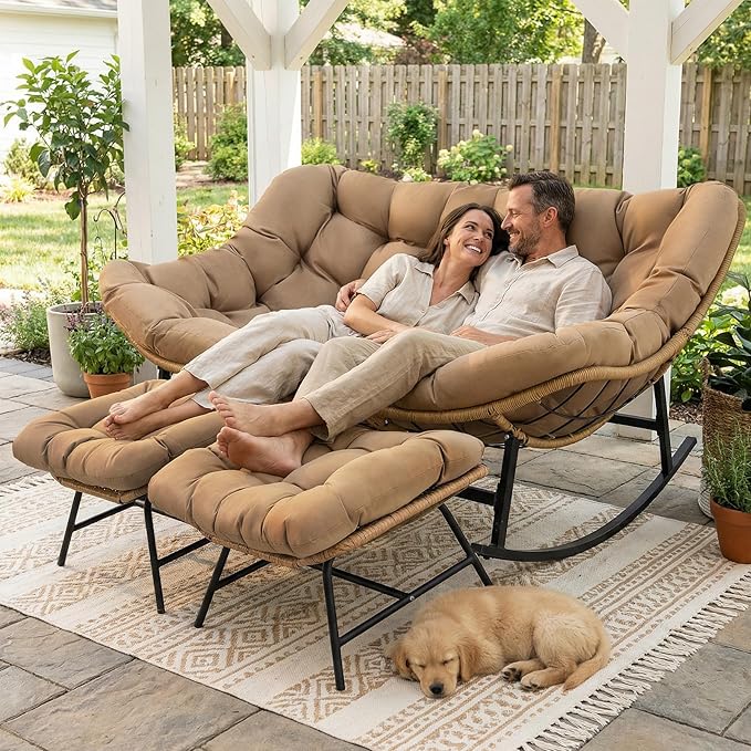 RADIATA Double Papasan Rocking Chair with Ottomans, Oversized Egg Rocking Chairs for 2, Large Wide Loveseat Recliner with Comfy Cushion for Indoor Outdoor Patio Garden, Brown
